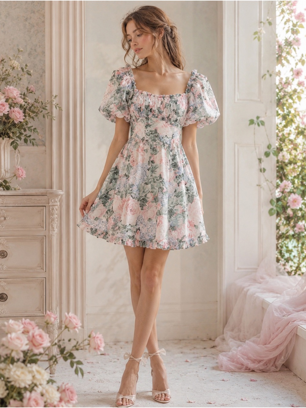 Selkie babydoll Puff-Sleeve Ruffle trim Mini Dress in floral blush - M